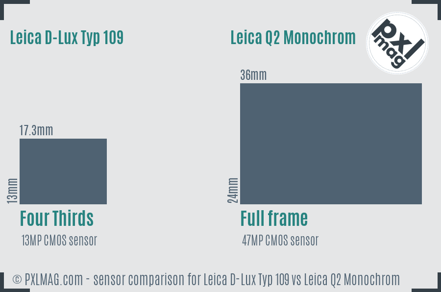 Leica D-Lux Typ 109 vs Leica Q2 Monochrom sensor size comparison