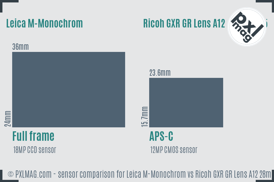 Leica M-Monochrom vs Ricoh GXR GR Lens A12 28mm F2.5 sensor size comparison