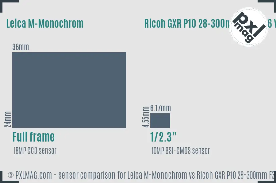 Leica M-Monochrom vs Ricoh GXR P10 28-300mm F3.5-5.6 VC sensor size comparison
