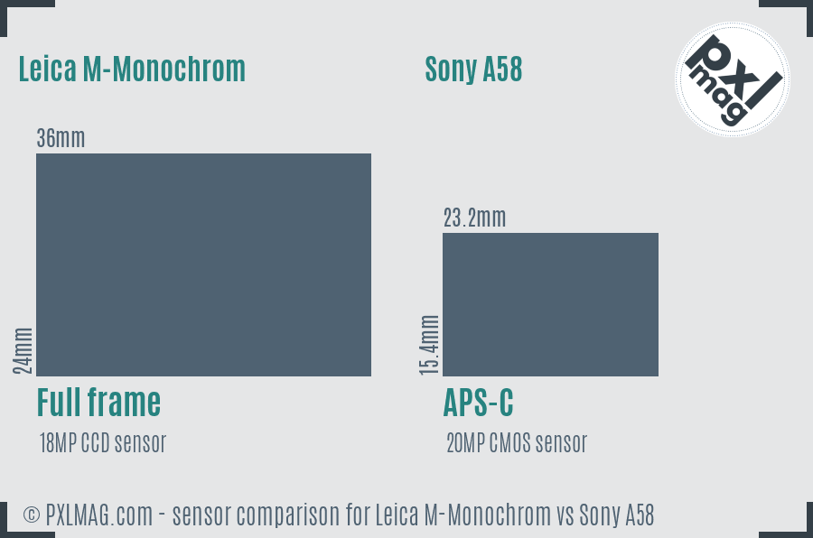 Leica M-Monochrom vs Sony A58 sensor size comparison