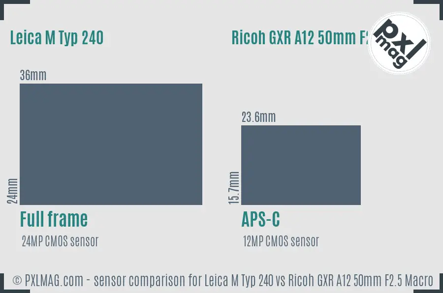 Leica M Typ 240 vs Ricoh GXR A12 50mm F2.5 Macro sensor size comparison