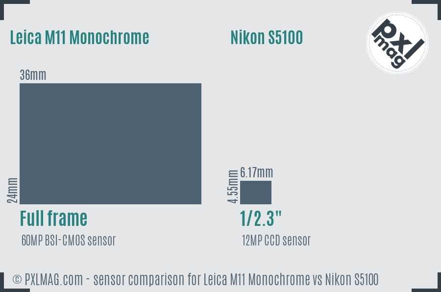 Leica M11 Monochrome vs Nikon S5100 sensor size comparison
