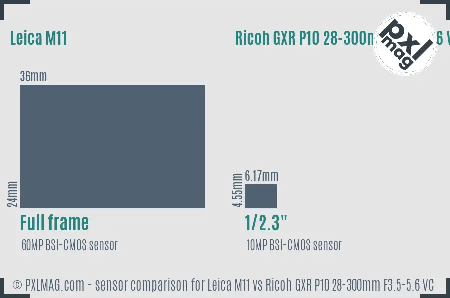 Leica M11 vs Ricoh GXR P10 28-300mm F3.5-5.6 VC sensor size comparison