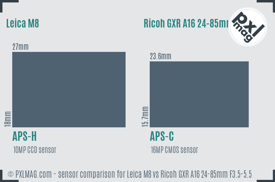Leica M8 vs Ricoh GXR A16 24-85mm F3.5-5.5 sensor size comparison