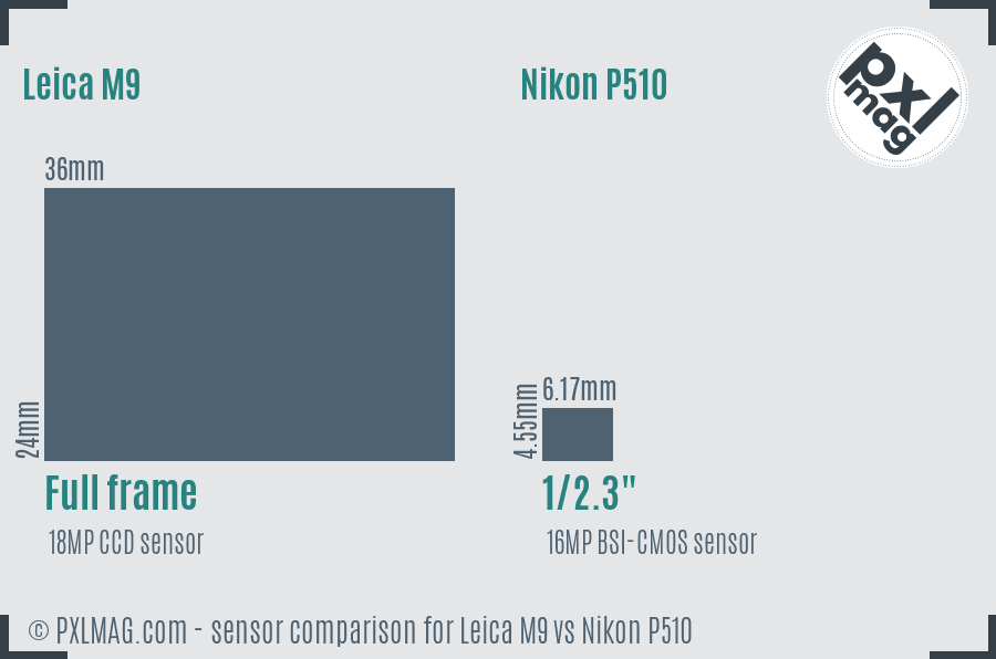 Leica M9 vs Nikon P510 sensor size comparison