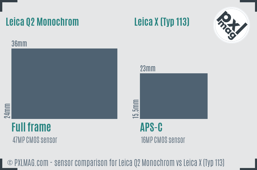 Leica Q2 Monochrom vs Leica X (Typ 113) sensor size comparison