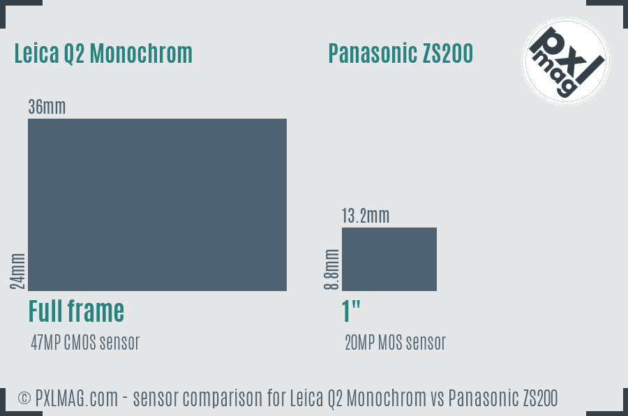Leica Q2 Monochrom vs Panasonic ZS200 sensor size comparison