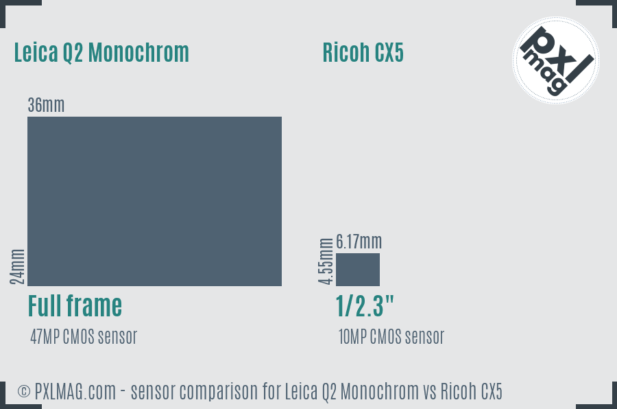 Leica Q2 Monochrom vs Ricoh CX5 sensor size comparison