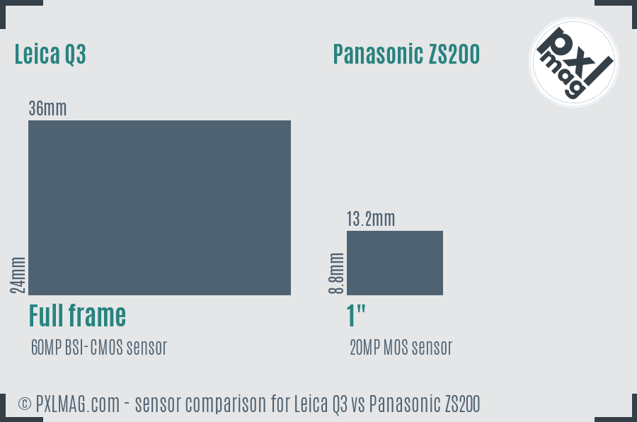 Leica Q3 vs Panasonic ZS200 sensor size comparison