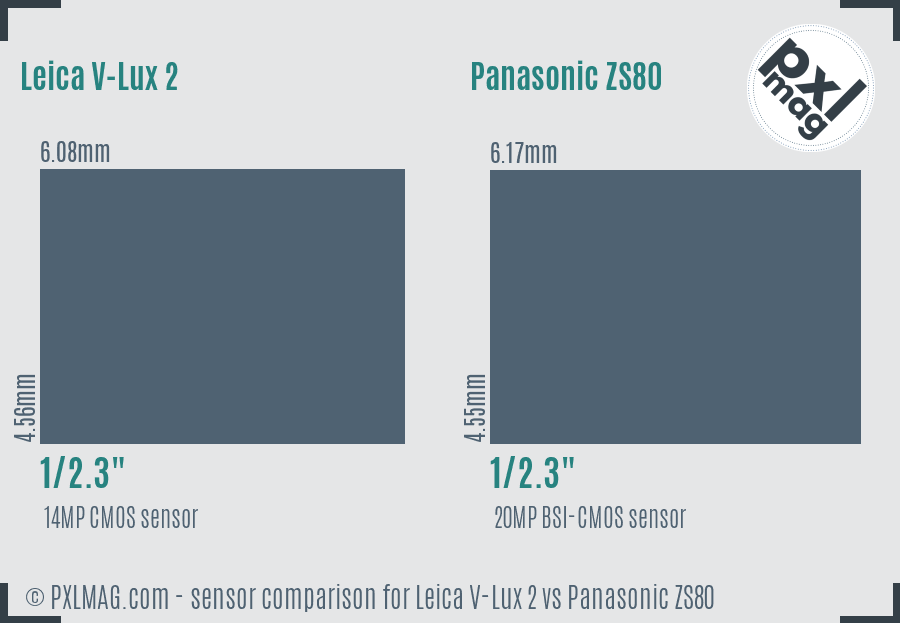 Leica V-Lux 2 vs Panasonic ZS80 sensor size comparison