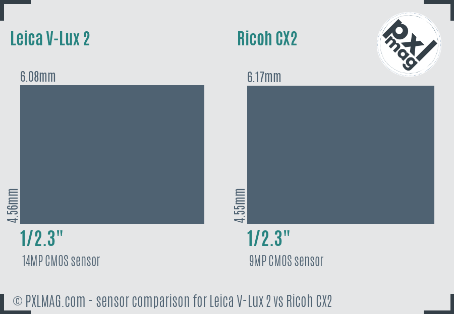 Leica V-Lux 2 vs Ricoh CX2 sensor size comparison