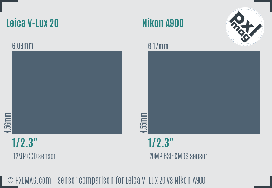Leica V-Lux 20 vs Nikon A900 sensor size comparison