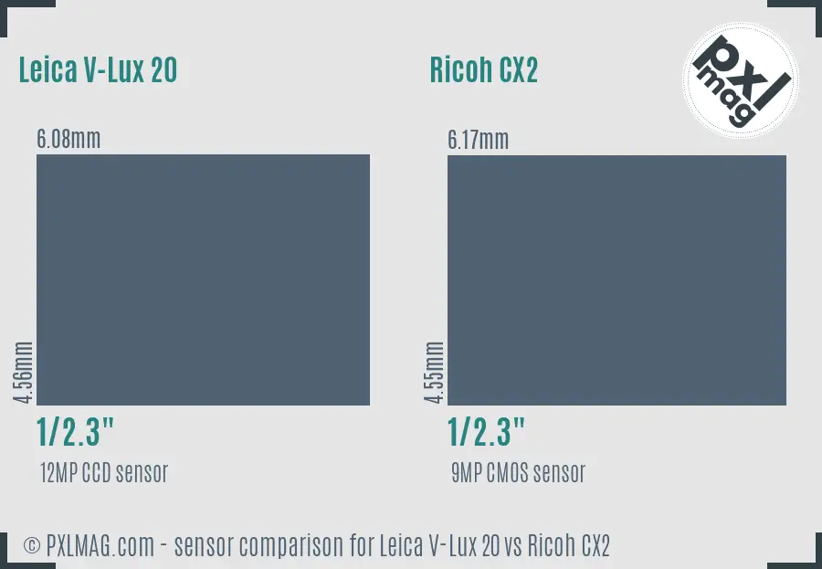 Leica V-Lux 20 vs Ricoh CX2 sensor size comparison