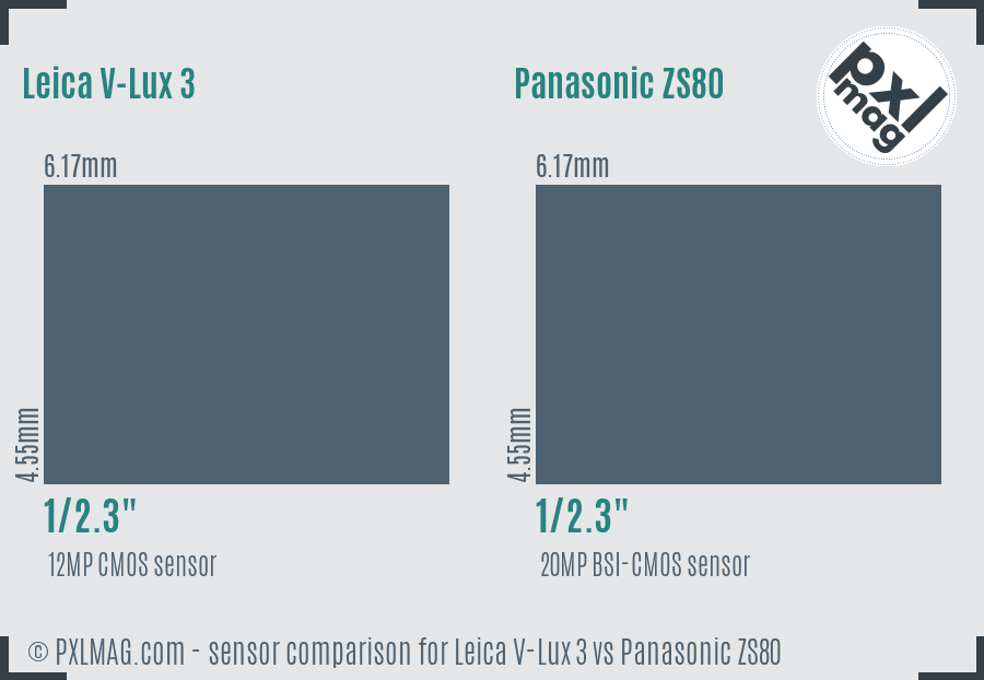 Leica V-Lux 3 vs Panasonic ZS80 sensor size comparison