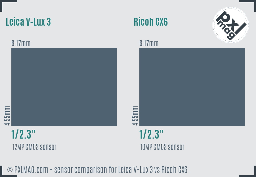 Leica V-Lux 3 vs Ricoh CX6 sensor size comparison