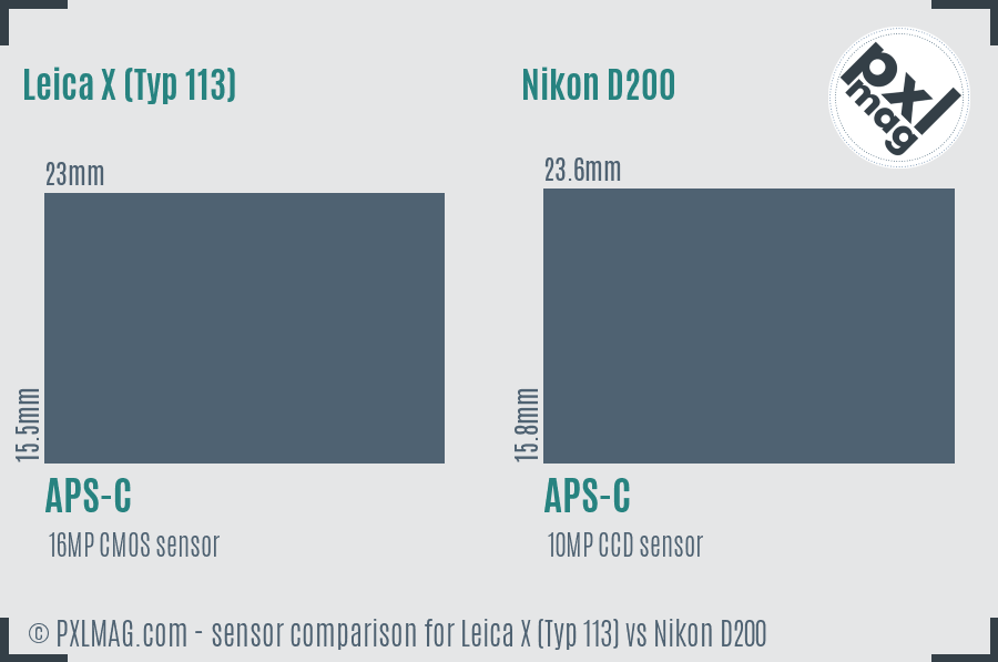 Leica X (Typ 113) vs Nikon D200 sensor size comparison