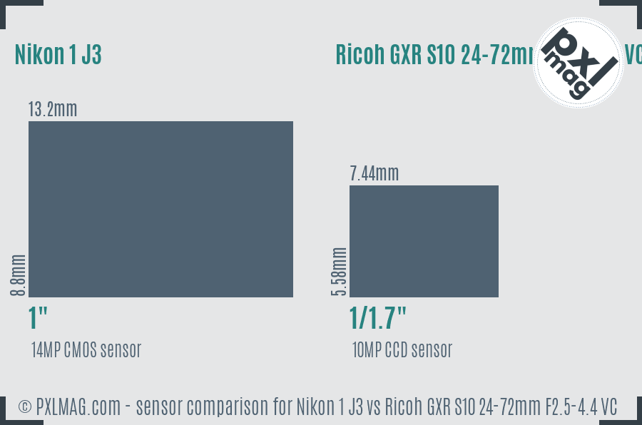 Nikon 1 J3 vs Ricoh GXR S10 24-72mm F2.5-4.4 VC sensor size comparison