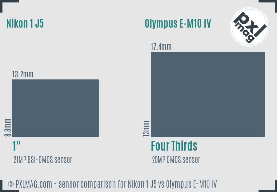 Nikon 1 J5 vs Olympus E-M10 IV sensor size comparison