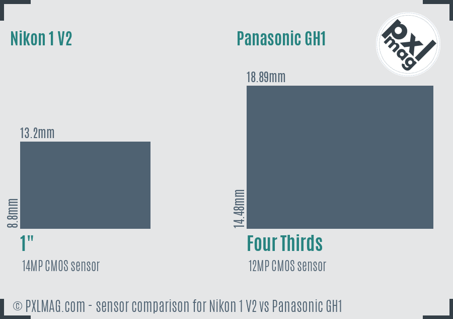 Nikon 1 V2 vs Panasonic GH1 sensor size comparison