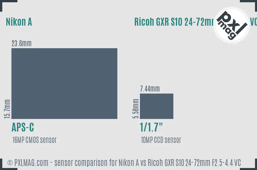 Nikon A vs Ricoh GXR S10 24-72mm F2.5-4.4 VC sensor size comparison
