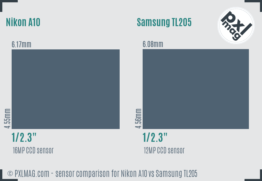 Nikon A10 vs Samsung TL205 sensor size comparison