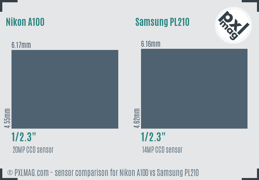 Nikon A100 vs Samsung PL210 sensor size comparison