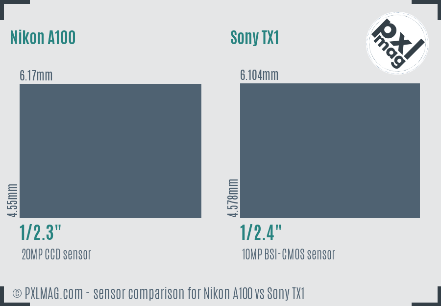 Nikon A100 vs Sony TX1 sensor size comparison