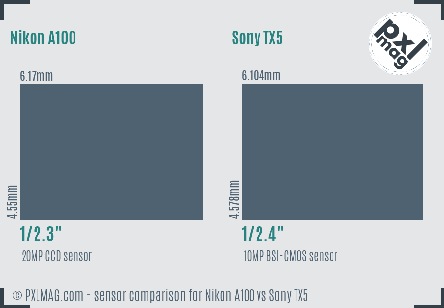 Nikon A100 vs Sony TX5 sensor size comparison