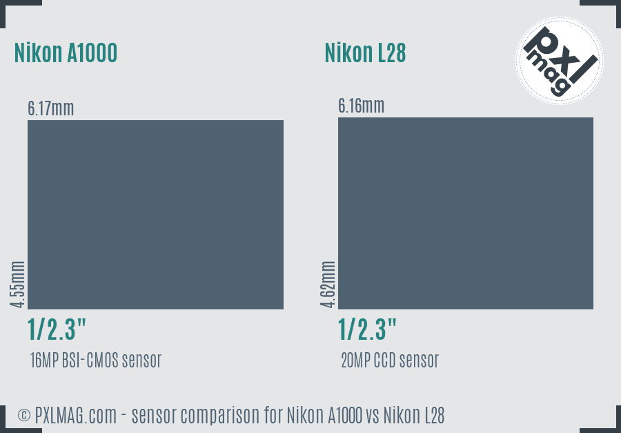 Nikon A1000 vs Nikon L28 sensor size comparison