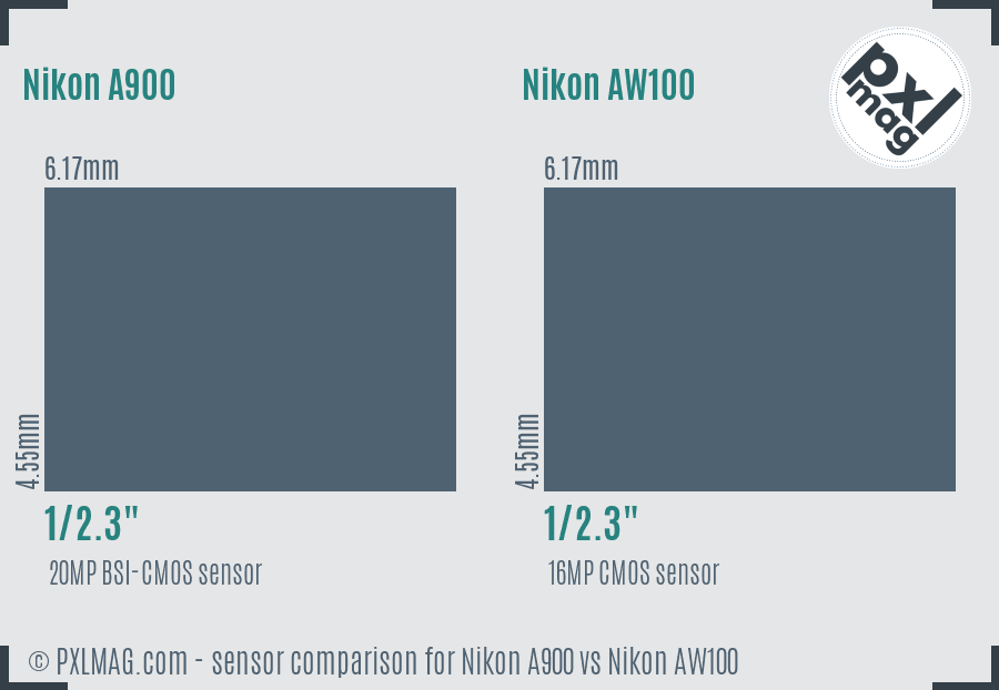 Nikon A900 vs Nikon AW100 sensor size comparison