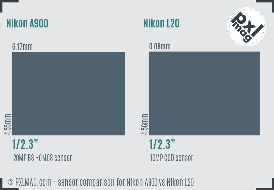 Nikon A900 vs Nikon L20 sensor size comparison