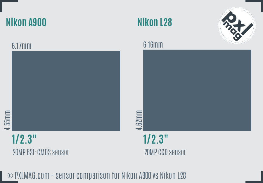 Nikon A900 vs Nikon L28 sensor size comparison