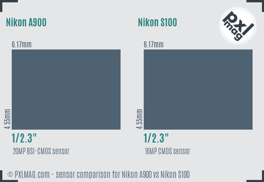 Nikon A900 vs Nikon S100 sensor size comparison