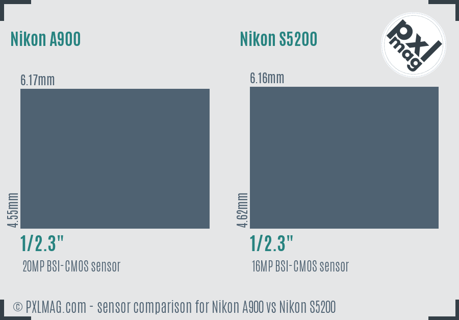 Nikon A900 vs Nikon S5200 sensor size comparison Nikon A900 vs Nikon S5200 sensor size comparison