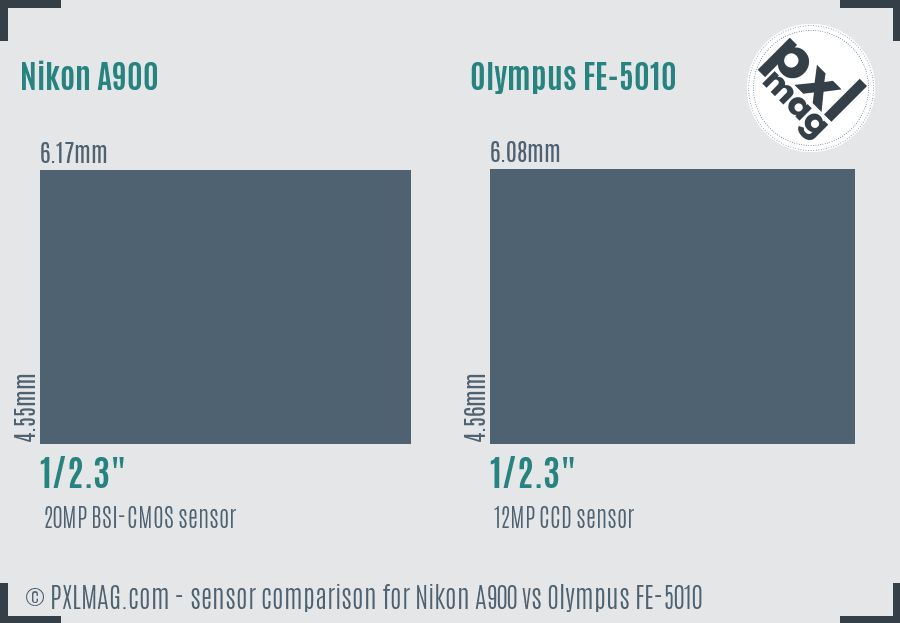 Nikon A900 vs Olympus FE-5010 sensor size comparison