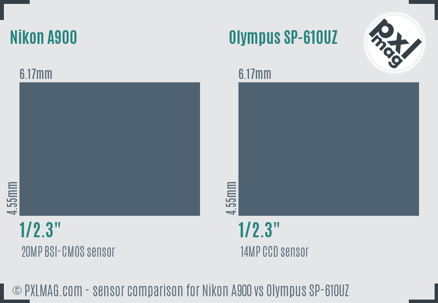 Nikon A900 vs Olympus SP-610UZ sensor size comparison