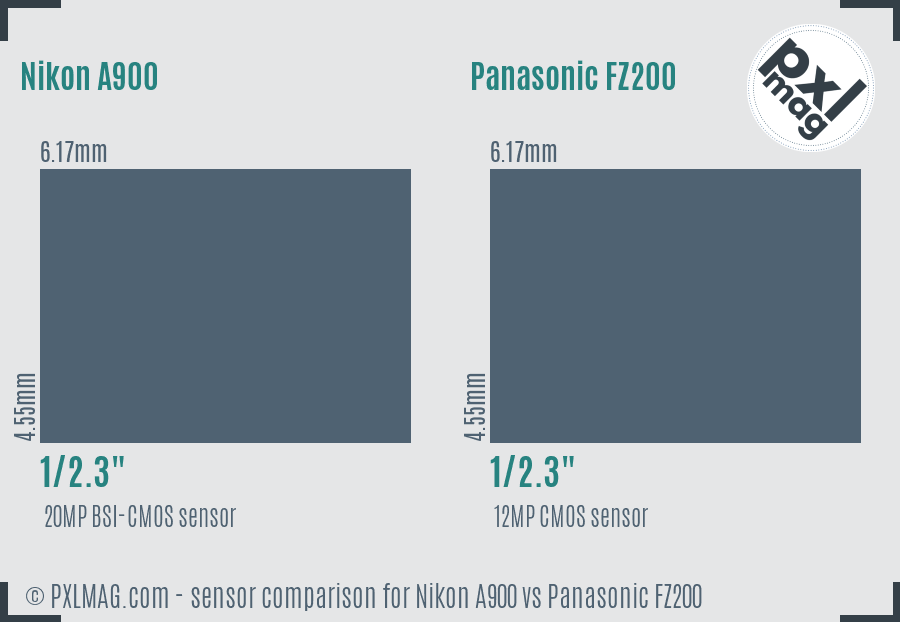 Nikon A900 vs Panasonic FZ200 sensor size comparison