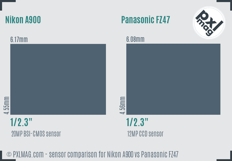 Nikon A900 vs Panasonic FZ47 sensor size comparison