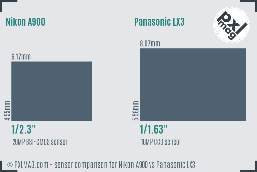 Nikon A900 vs Panasonic LX3 sensor size comparison