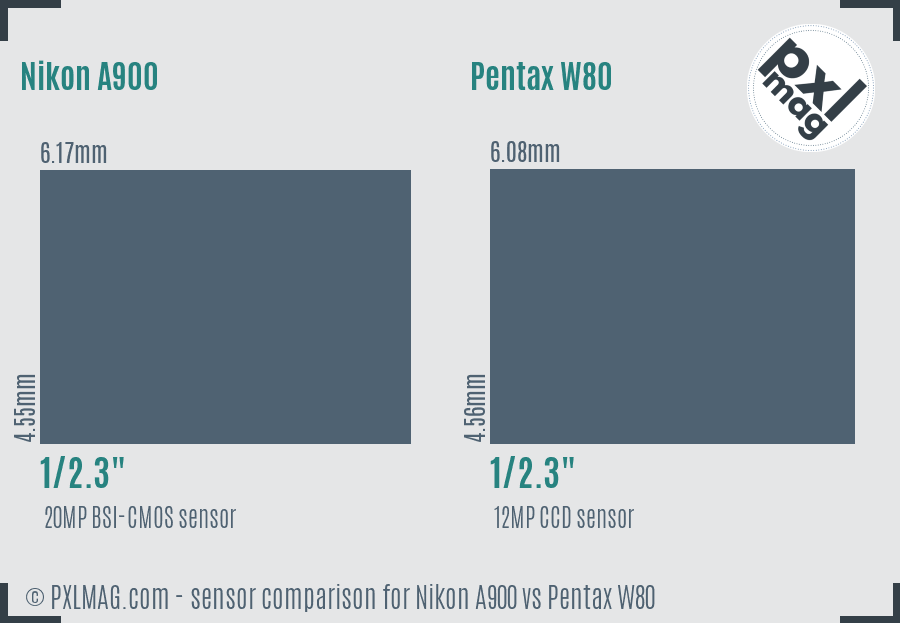 Nikon A900 vs Pentax W80 sensor size comparison