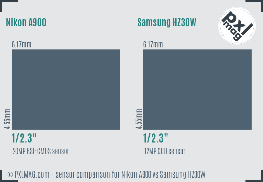 Nikon A900 vs Samsung HZ30W sensor size comparison