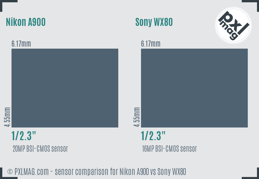 Nikon A900 vs Sony WX80 sensor size comparison