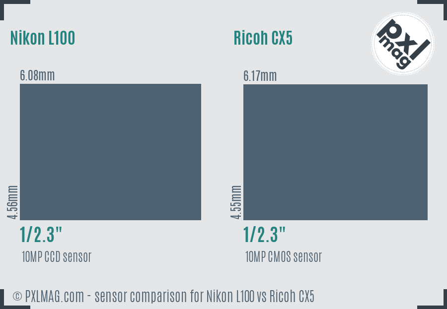 Nikon L100 vs Ricoh CX5 sensor size comparison