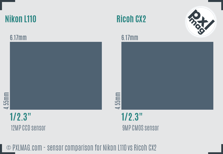 Nikon L110 vs Ricoh CX2 sensor size comparison
