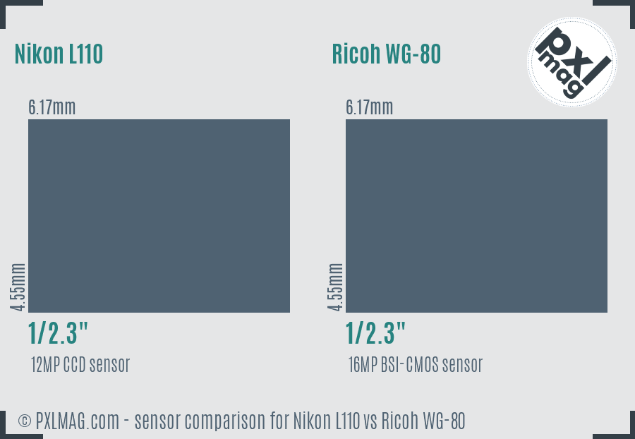 Nikon L110 vs Ricoh WG-80 sensor size comparison