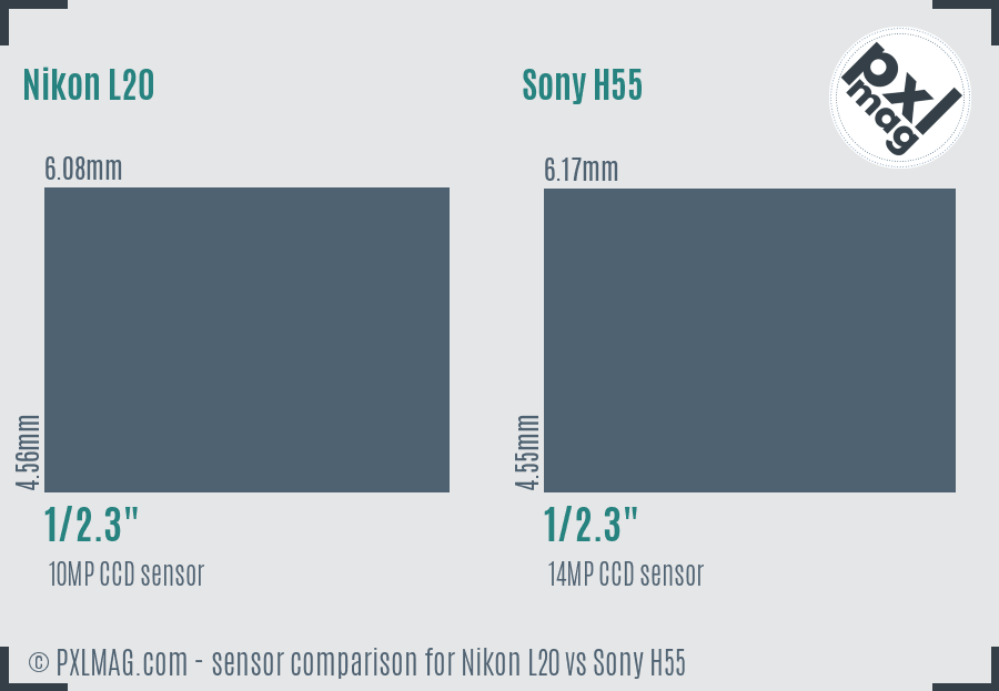 Nikon L20 vs Sony H55 sensor size comparison