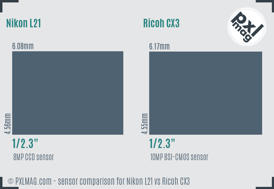 Nikon L21 vs Ricoh CX3 sensor size comparison