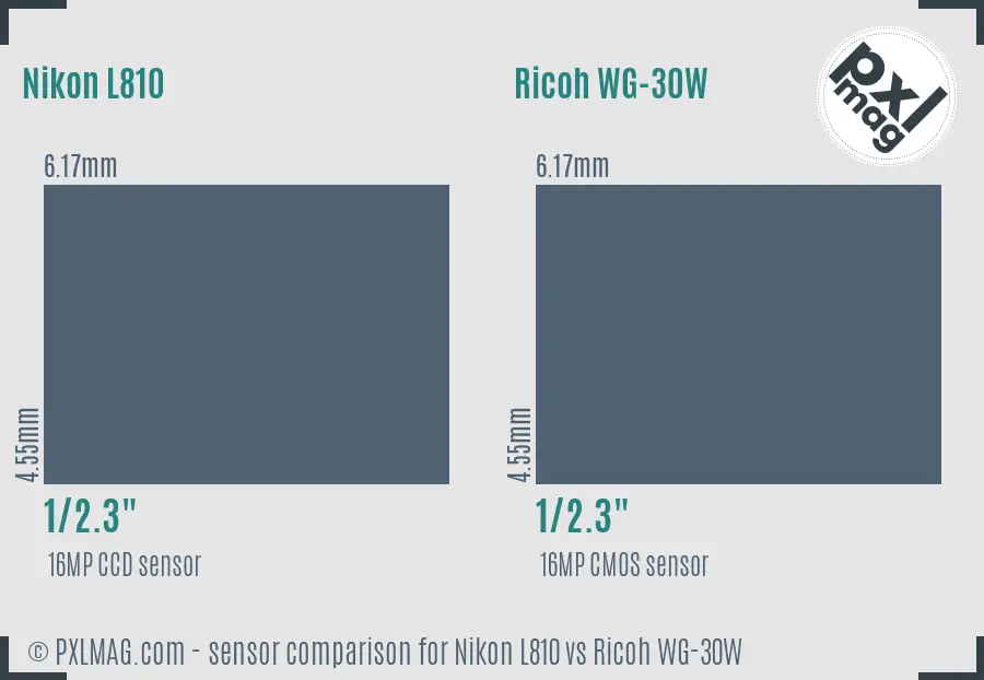 Nikon L810 vs Ricoh WG-30W sensor size comparison