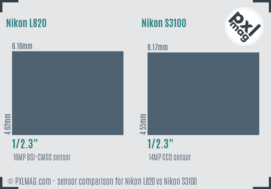 Nikon L820 vs Nikon S3100 sensor size comparison