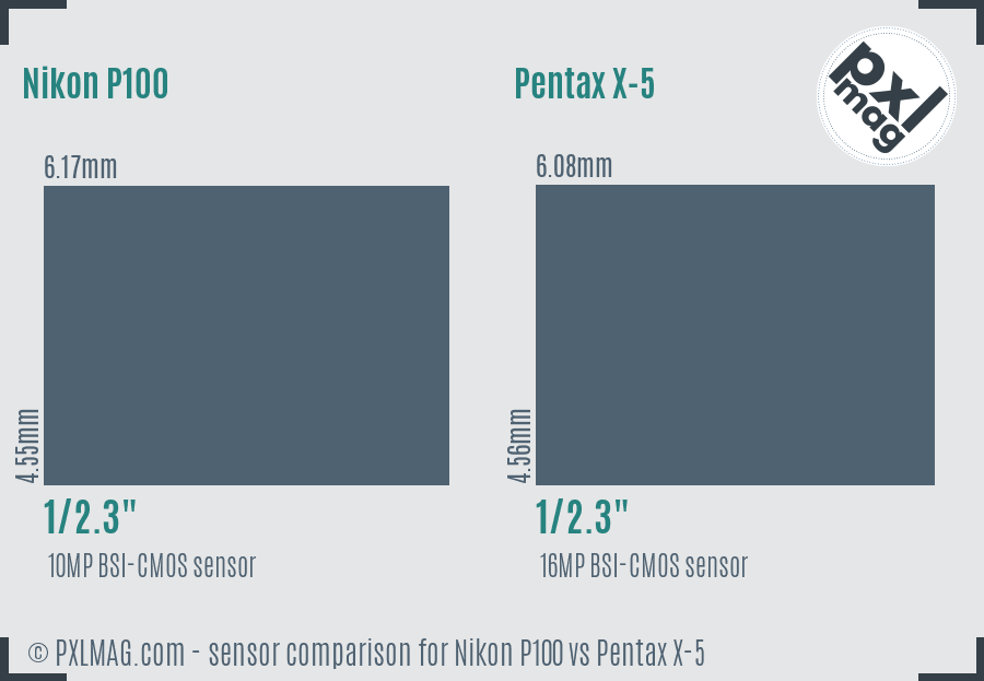 Nikon P100 vs Pentax X-5 sensor size comparison